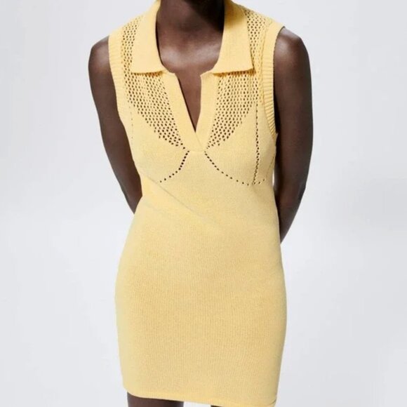 ZARA TRF Perforated Chenille Collared Polo Mini Dress Yellow Knit Cutout Bodycon - Picture 3 of 16